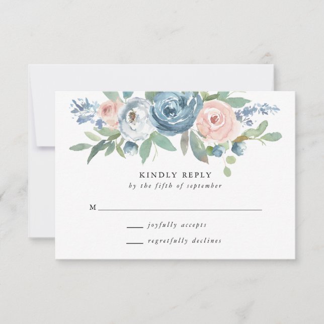 Carte RSVP de mariage Rose bleu et blanc Dusty (Devant)