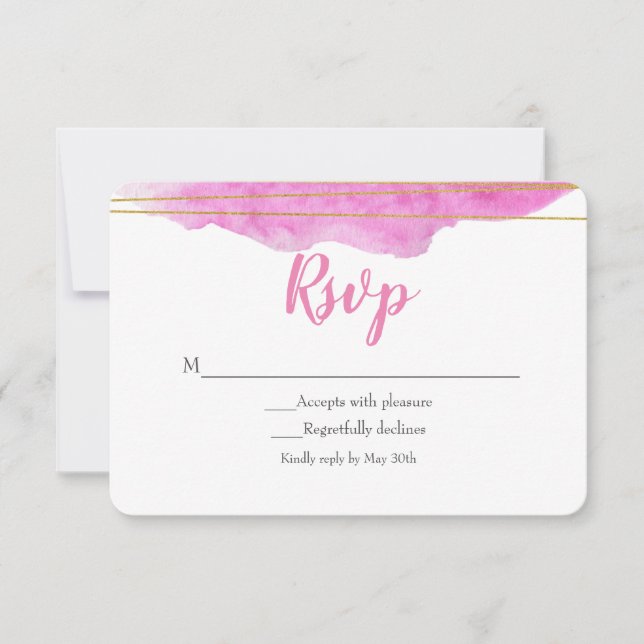 Carte RSVP de mariage rose et or à l'aquarelle (Devant)