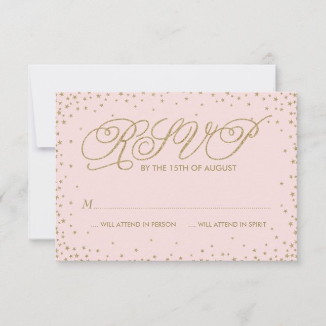 Carte RSVP de mariage rose et or fantaisie étoiles (Devant)