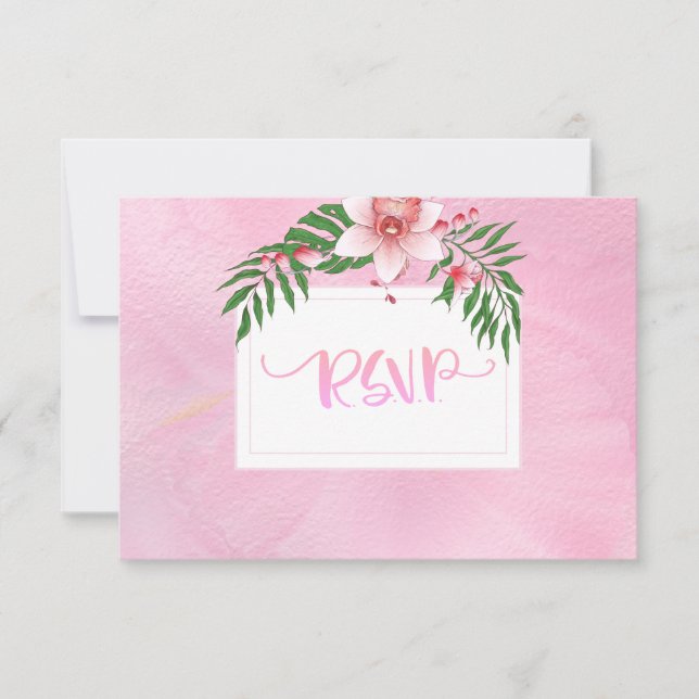Carte RSVP de mariage rose et vert orchidée (Devant)