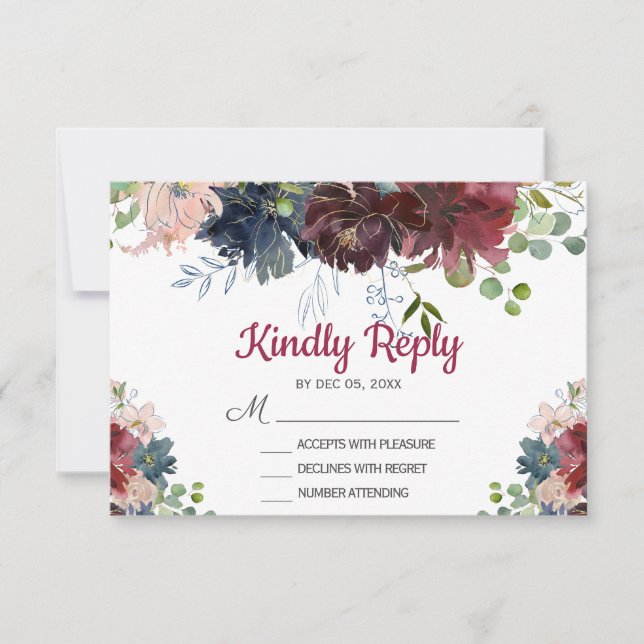 Carte RSVP de mariage rose floral de la marine de  (Devant)
