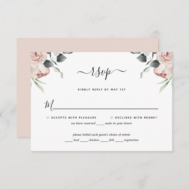 Carte RSVP de mariage rose vif pour Roses floraux (Devant / Derrière)