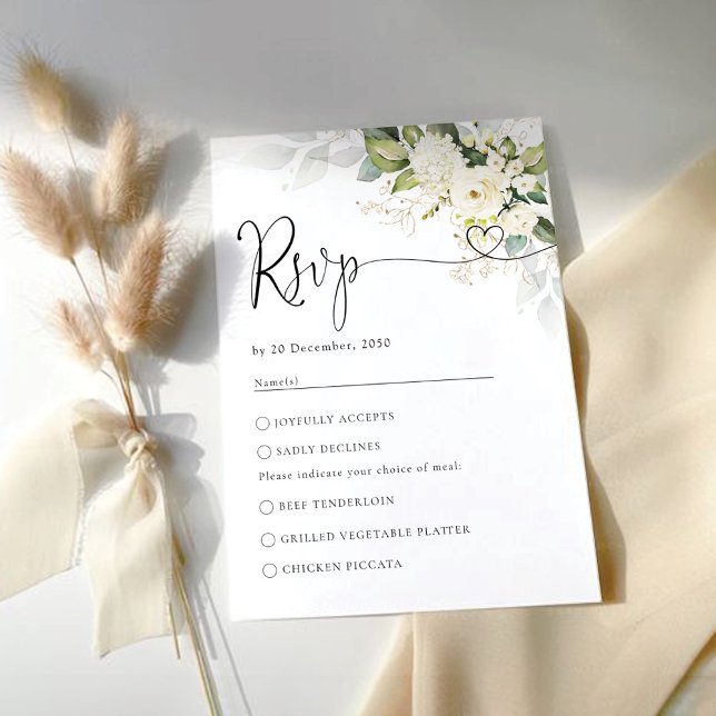 Carte RSVP de mariage Roses blanches vertes (Créateur téléchargé)