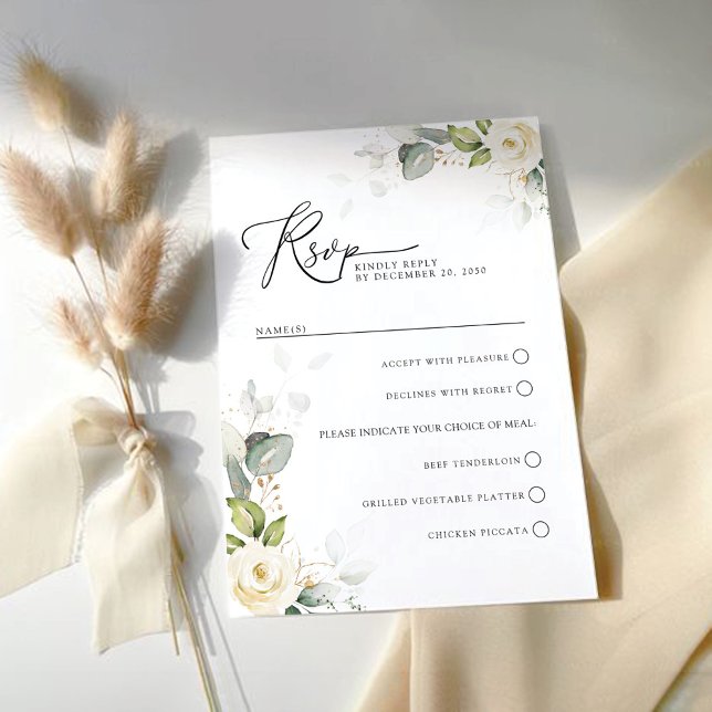 Carte RSVP de mariage Roses blanches vertes (Créateur téléchargé)