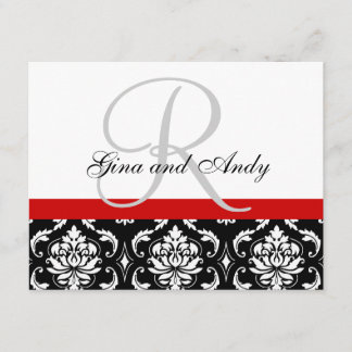 Carte RSVP de mariage Rouge Damas Monogramme & Nom