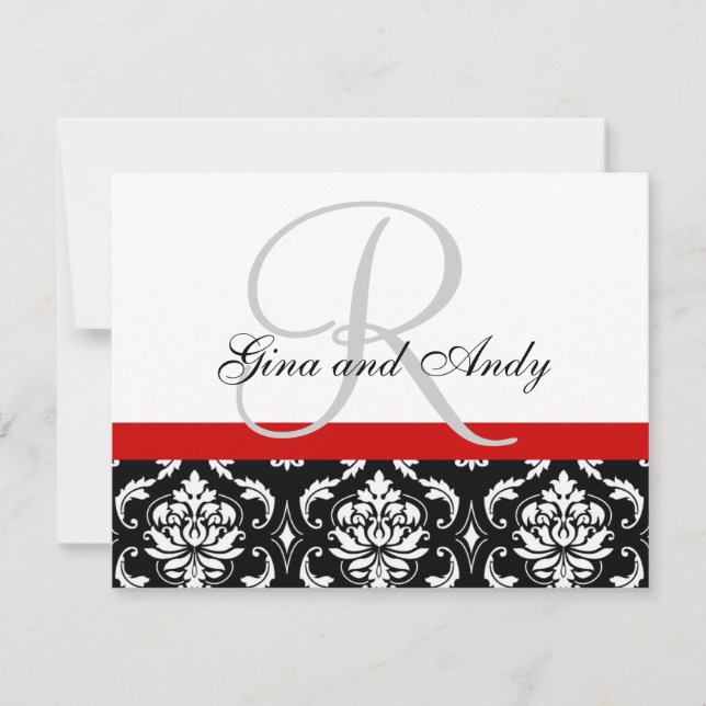 Carte RSVP de mariage Rouge Damas Monogramme & Nom (Devant)