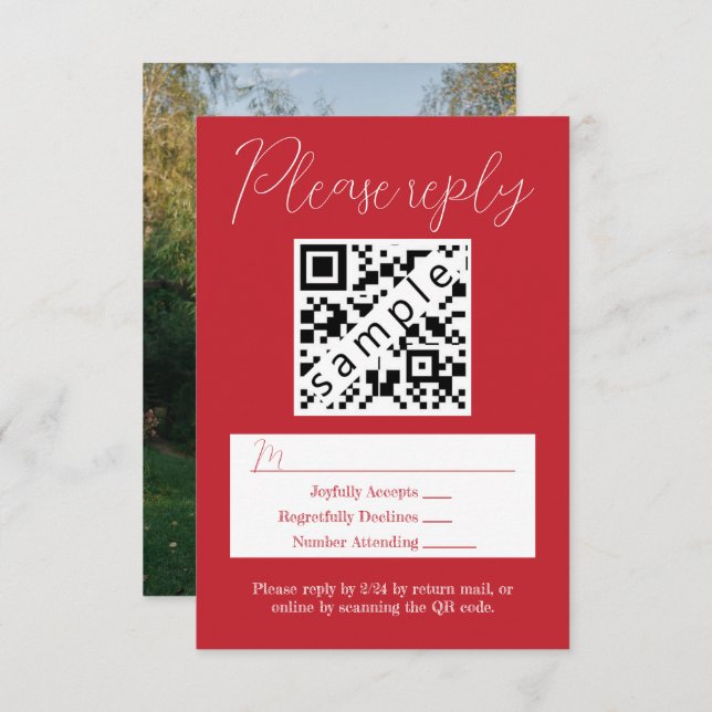 Carte RSVP de mariage rouge simple avec code QR (Devant / Derrière)
