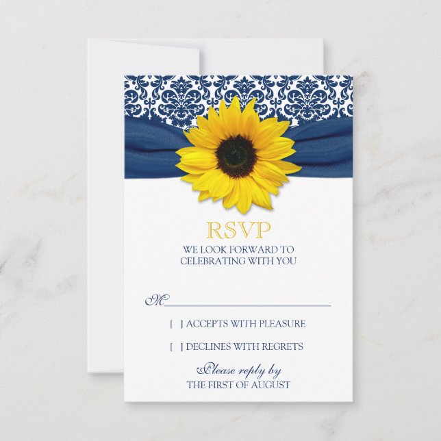 Carte RSVP de mariage ruban damas marine tournesol (Devant)