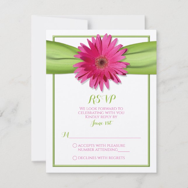 Carte RSVP de mariage Ruban Vert Fleur de Gérbera  (Devant)