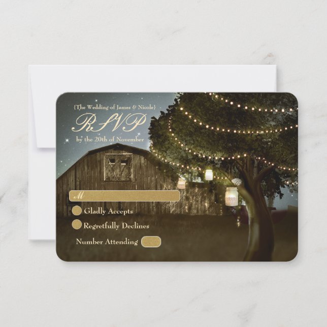 Carte RSVP de mariage rustique avec grange et feux (Devant)