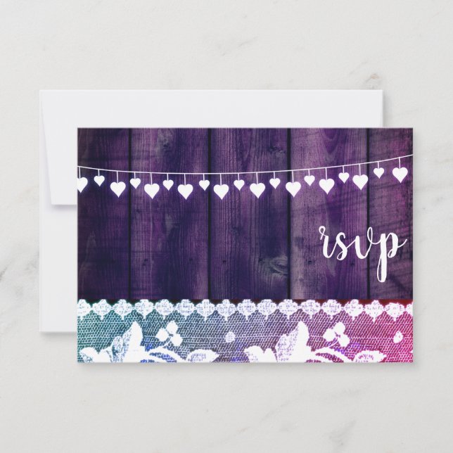 Carte RSVP de mariage rustique - blanc violet et b (Devant)