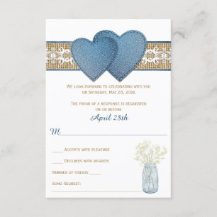 Carte RSVP de mariage rustique Denim, dentelle,