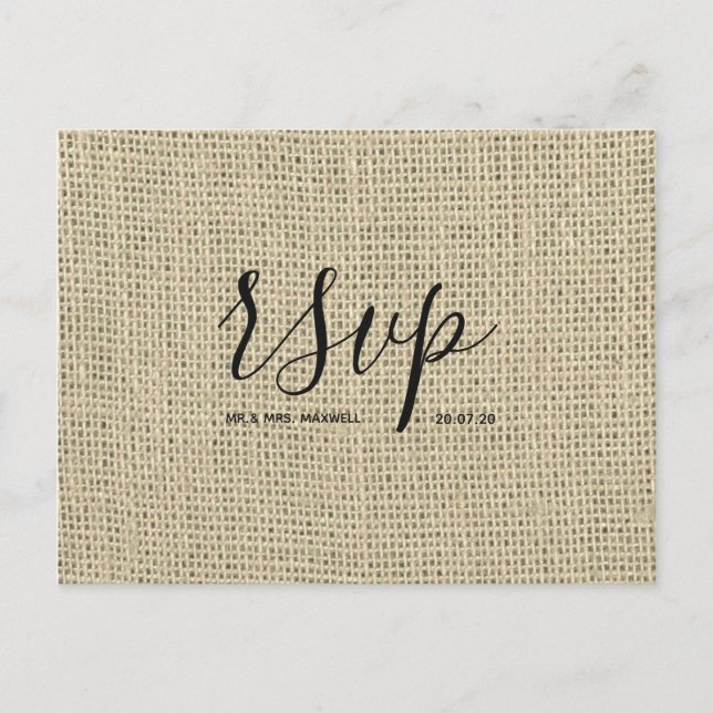 Carte Rsvp de mariage rustique | Hessian Burlap Sc (Devant)
