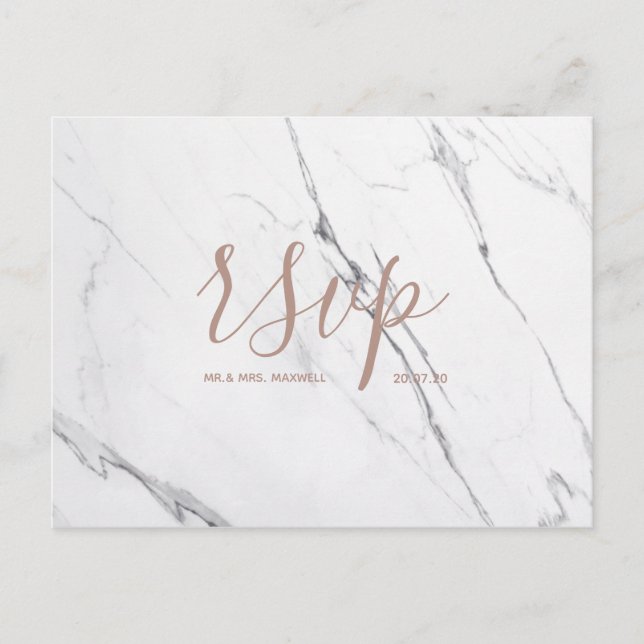 Carte Rsvp de mariage | Script de marbre blanc ros (Devant)