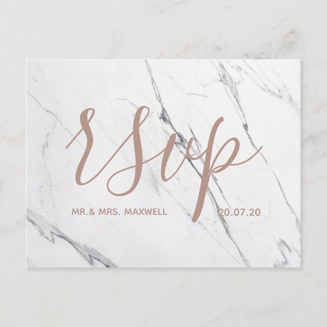 Carte Rsvp de mariage | Script de marbre blanc ros (Devant)