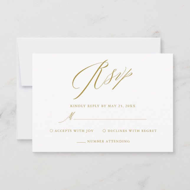 Carte RSVP de mariage simple blanc or élégant Scri (Devant)