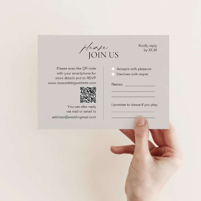 Carte RSVP de mariage taupe moderne avec code QR (Créateur téléchargé)