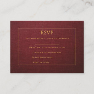 Carte RSVP de mariage texturée en Bourgogne et or