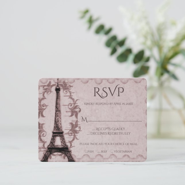 Carte RSVP de mariage Tour Eiffel rose (Debout devant)