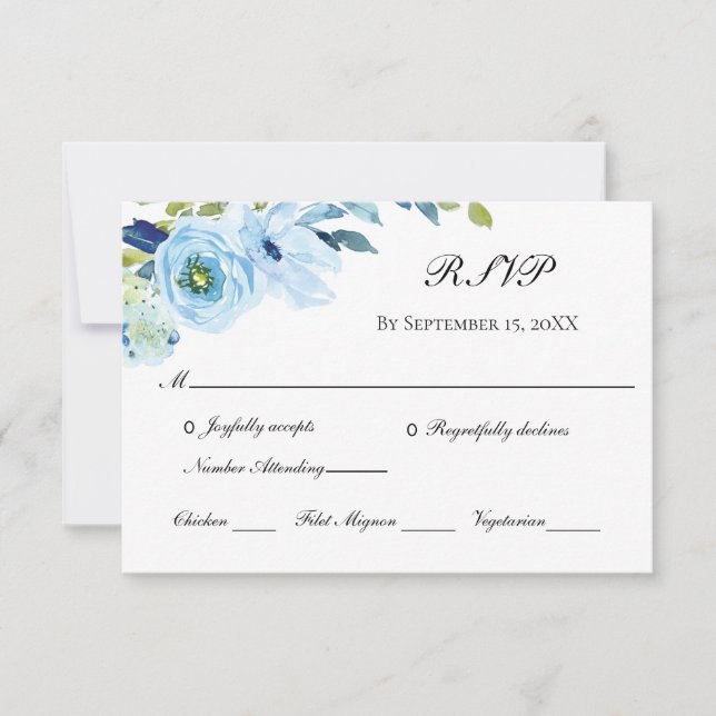 Carte RSVP de mariage traditionnel bleu vert flora (Devant)