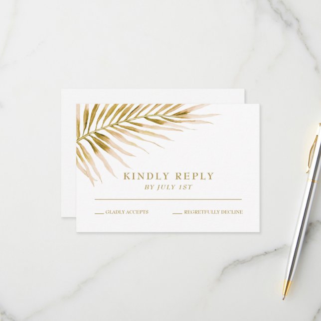 Carte RSVP de mariage Tropical Gold Palm (Devant/Arrière en situation)