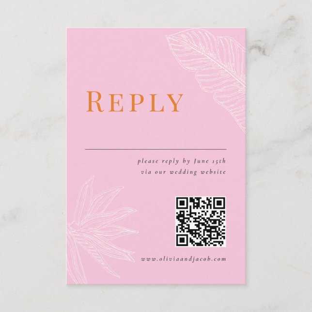Carte RSVP de mariage tropical moderne avec code Q (Devant)