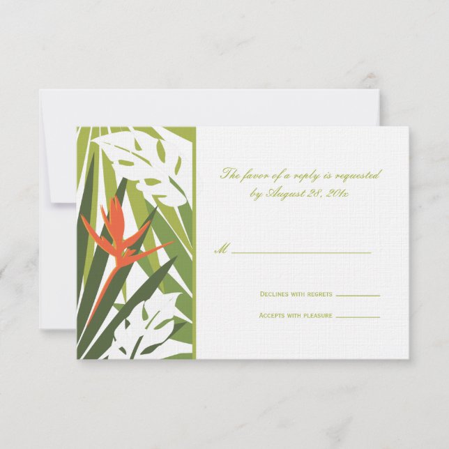 Carte RSVP de mariage tropical | Vert et orange (Devant)