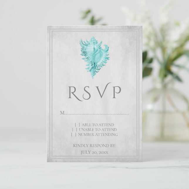 Carte RSVP de mariage turquoise Conch Shell (Debout devant)