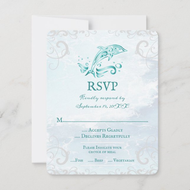 Carte RSVP de mariage turquoise pour dauphins (Devant)