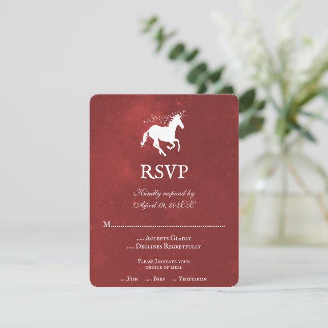 Carte RSVP de mariage Unicorne rouge (Debout devant)