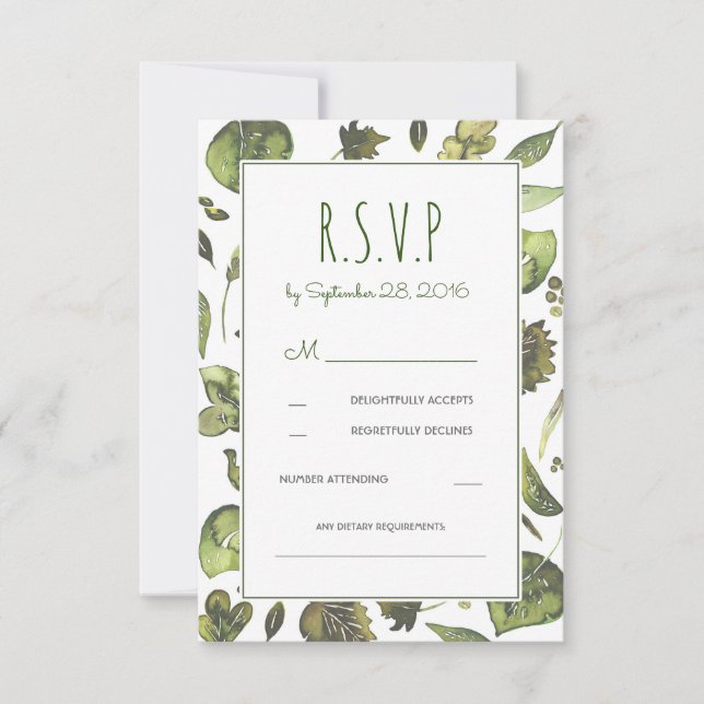 Carte RSVP de mariage vert bois d'aquarelle (Devant)