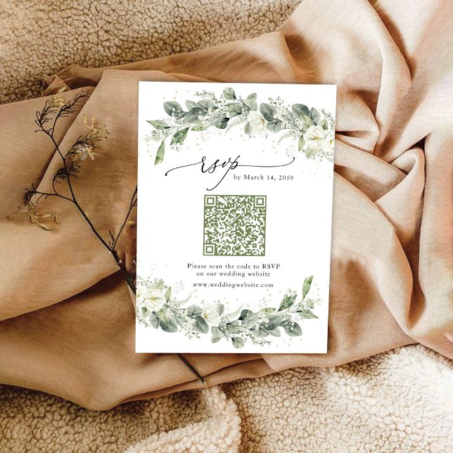 Carte RSVP de mariage vert Dusty Sage avec code QR (Créateur téléchargé)