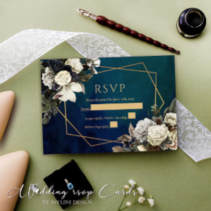 Carte RSVP de mariage vert émeraude en or floral