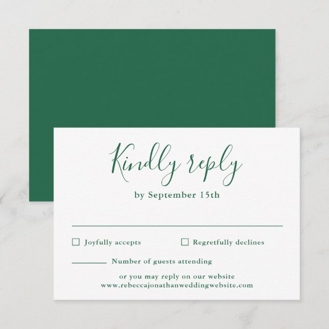 Carte RSVP de mariage vert émeraude minimale (Devant / Derrière)