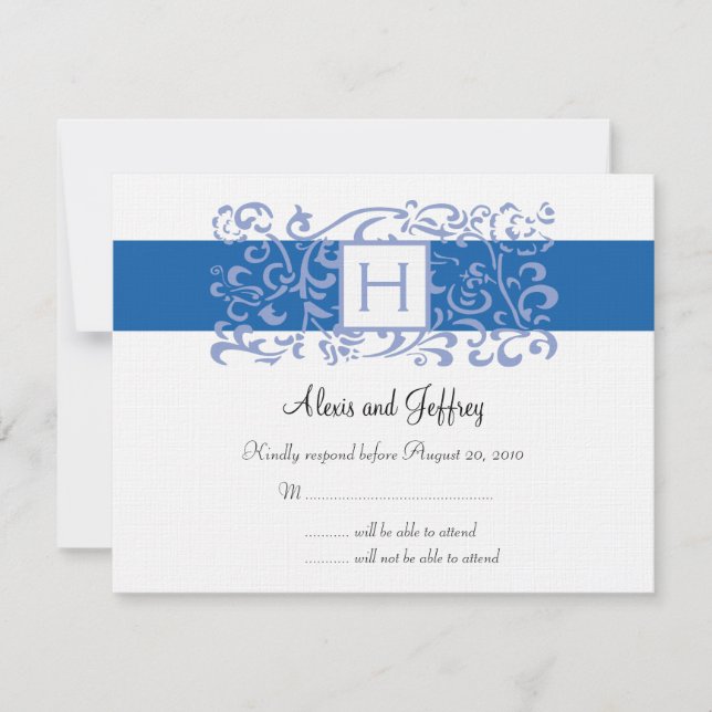 Carte RSVP de mariage - Vin Monogramme Bleu (Devant)