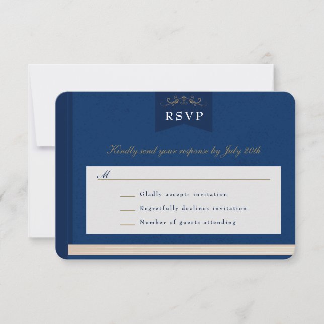 Carte RSVP de mariage vintage Blue Gold Chapitre (Devant)