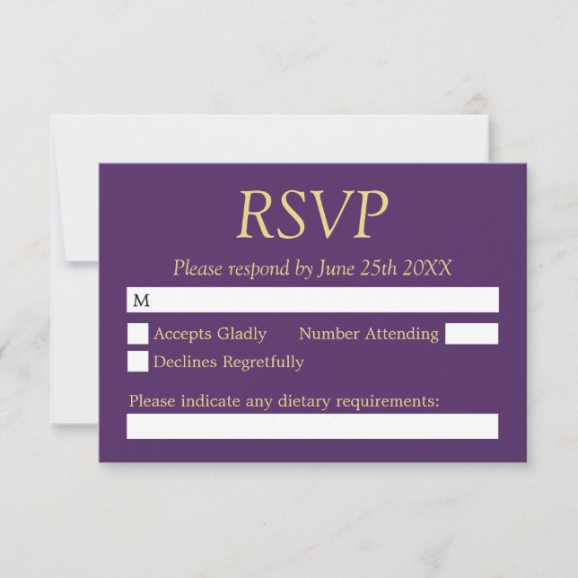 Carte RSVP de mariage violet doré beige (Devant)