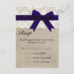 Carte RSVP de mariage White Lace NavyRibbon et Bur