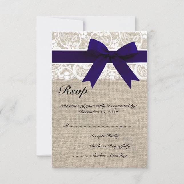 Carte RSVP de mariage White Lace NavyRibbon et Bur (Devant)