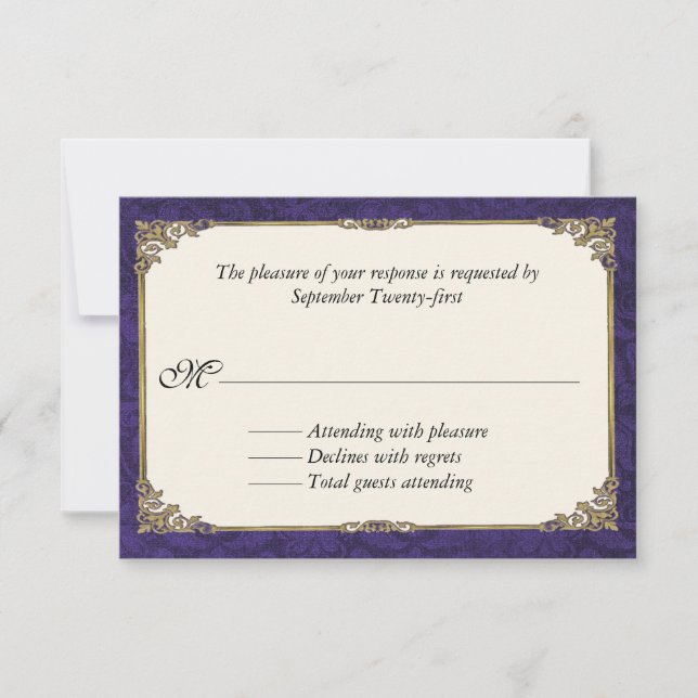 Carte RSVP de réponse Mariage damassé violet (Devant)