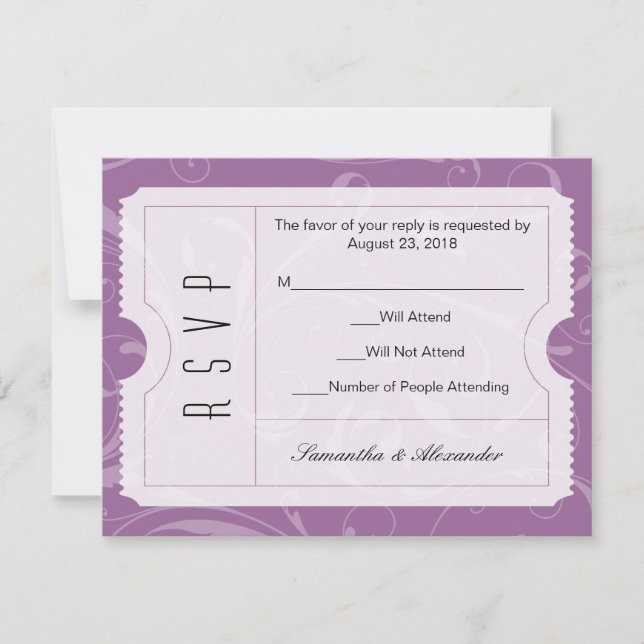 Carte RSVP de ticket Mariage violet (Devant)
