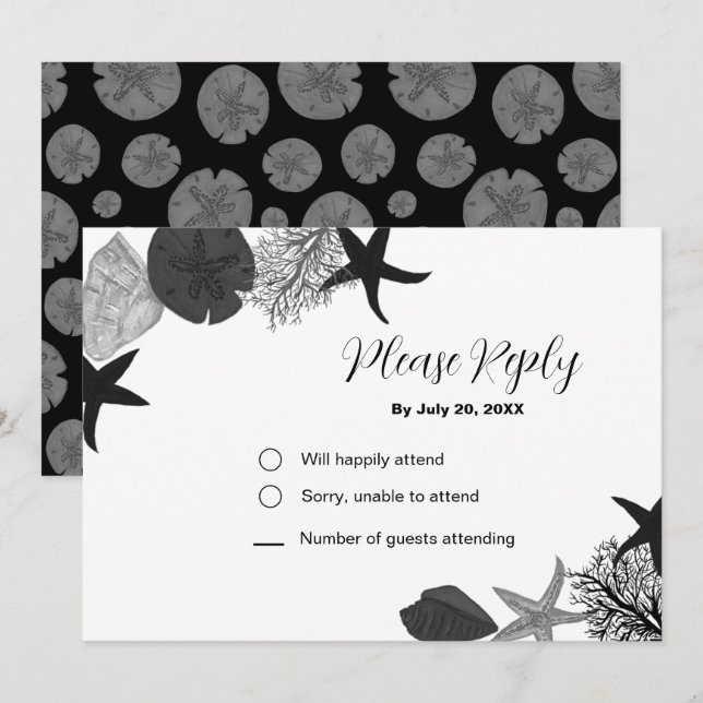 Carte RSVP décontractée coquillage gris-noir (Devant / Derrière)