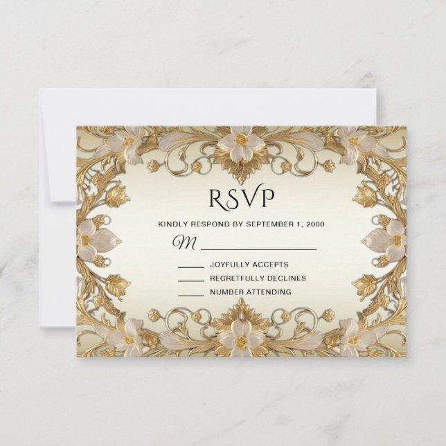 Carte RSVP décorative or Fleurs blanches (Devant)