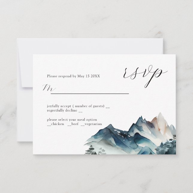 Carte RSVP Design Mariage Blue Watercolor Mountain (Devant)