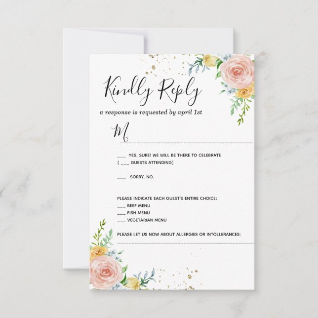 Carte RSVP d'invitation de mariage floral or rose  (Devant)