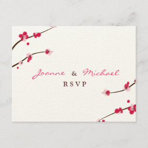 Carte RSVP double bonheur cerise en fleurs