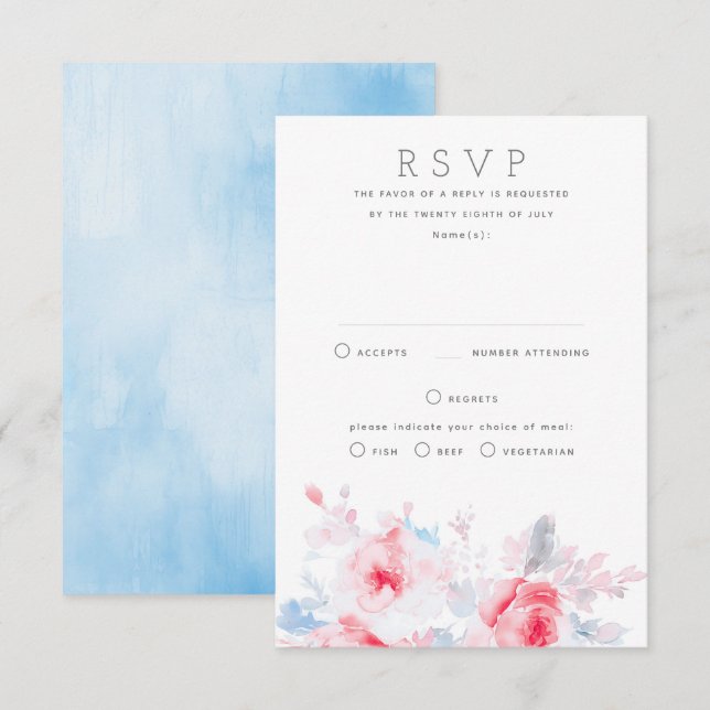 Carte RSVP Doux bleu rose pour Mariage (Devant / Derrière)