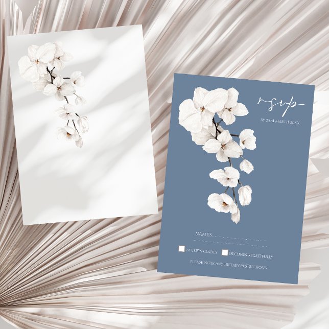 Carte RSVP Dusty Blue Orchid Wedding (Modern Dusty Blue Orchids Floral Wedding RSVP Card)