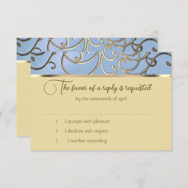 Carte RSVP élégant Dusty Blue et Gold Filigree (Devant / Derrière)
