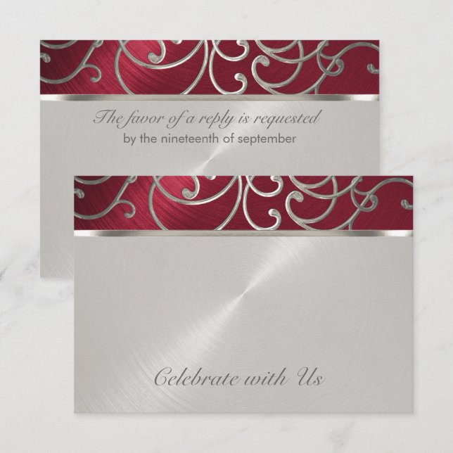 Carte RSVP élégant Filigree rouge et argent (Devant / Derrière)